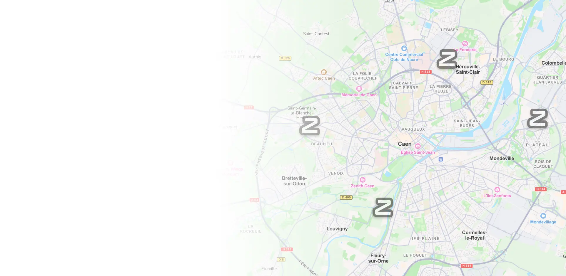 Image d'une carte montrant les garages franchisés ZeCarrossery dans le secteur de Caen avec un dégradé blanc à transparent de gauche à droite