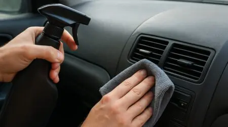Application d'un nettoyant plastique sur un tableau de bord de voiture avec un chiffon microfibre.