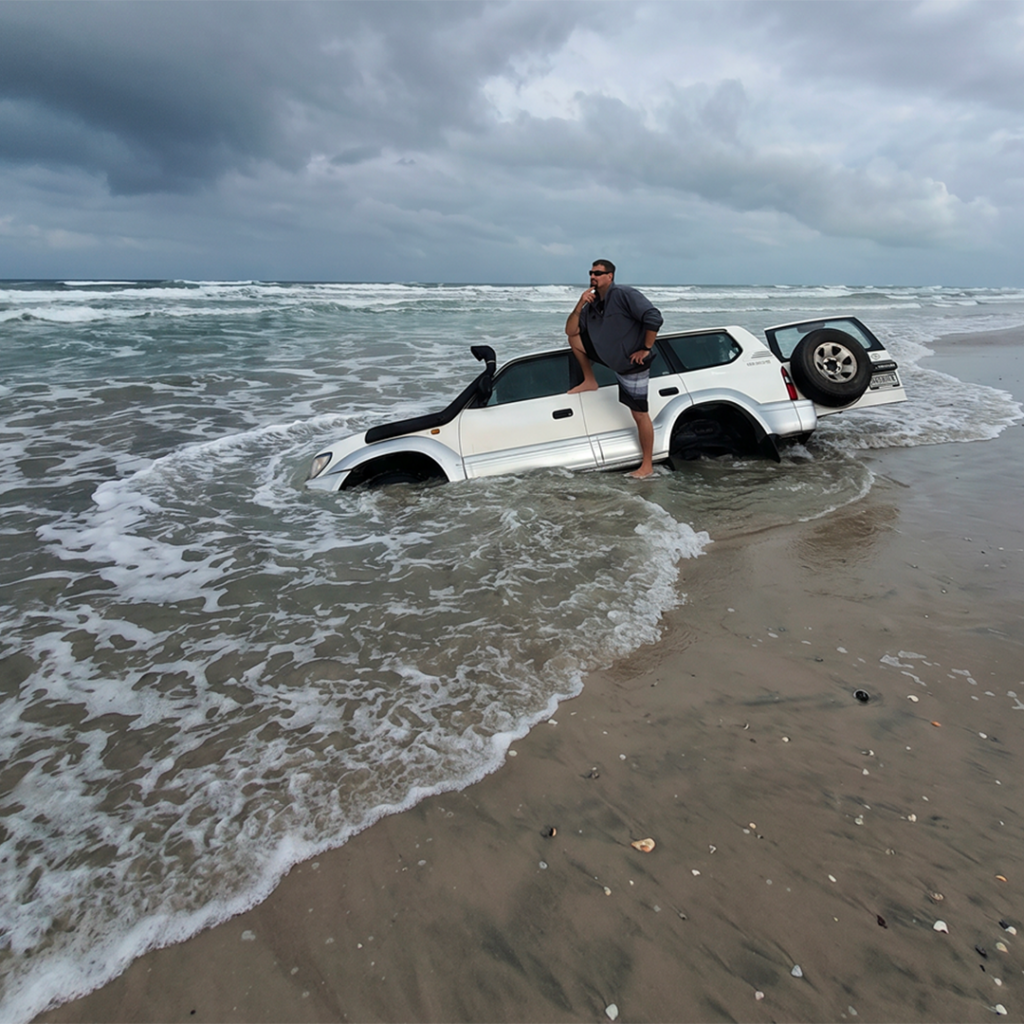 Voiture dans la mer avec l'automobiliste assis dessus
