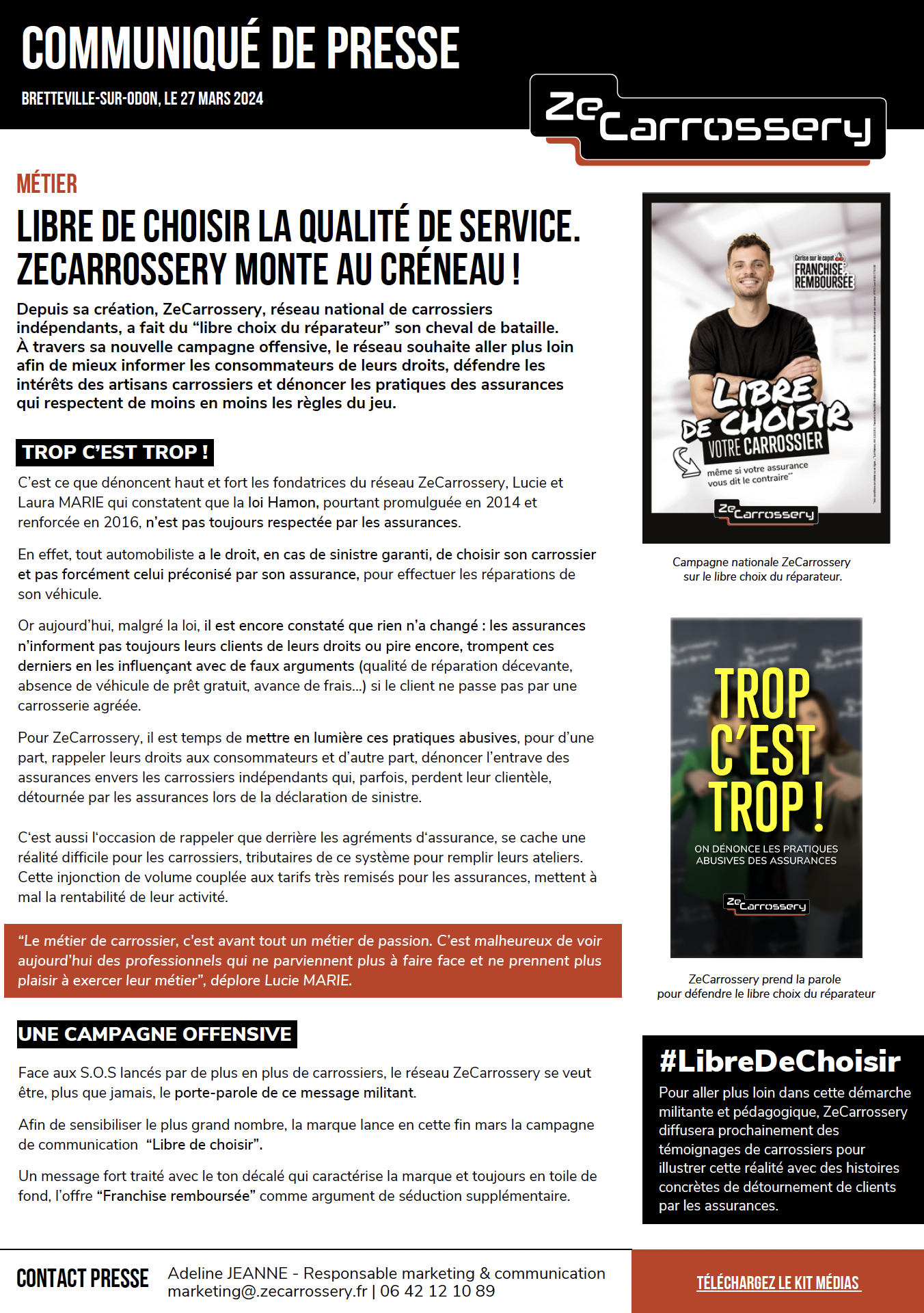 Aperçu du communiqué de presse sur le Libre de choisir la qualité de service, ZeCarrossery monte au créneau !