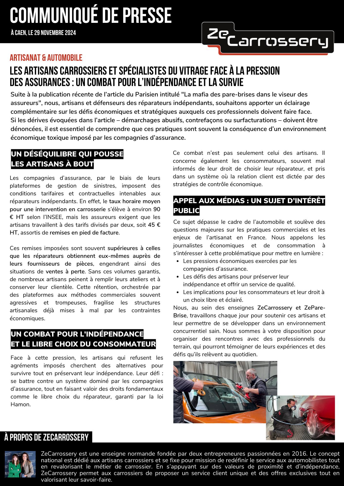 Aperçu du communiqué de presse des artisans carrossiers et spécialistes du vitrage face à la pression