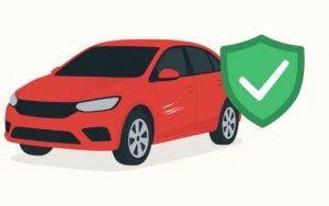 illustration d'une voiture rouge avec une rayure sur la portière avant gauche. Sur le côté, on aperçois un badget validé de couleur verte