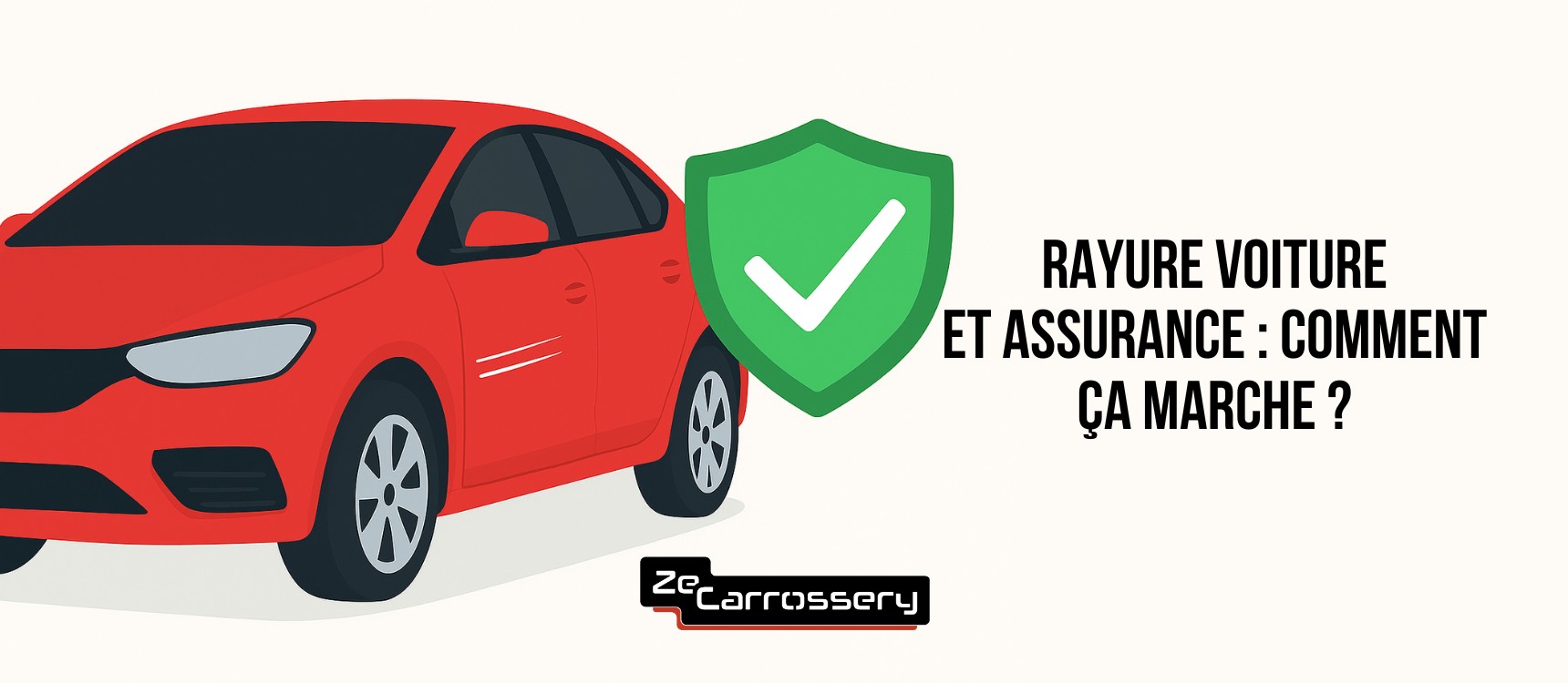 illustration d'une voiture rouge avec une rayure sur la portière avant gauche. Sur le côté, on aperçois un badget validé de couleur verte. À gauche, on voit le titre de l'article : Rayure voiture et assurance : comment ça marche ?