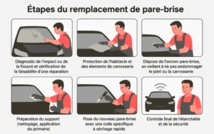 Schéma des étapes de remplacement pare-brise en atelier ZeCarrossery
