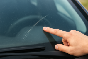 Rayure profonde sur une vitre de voiture avant réparation