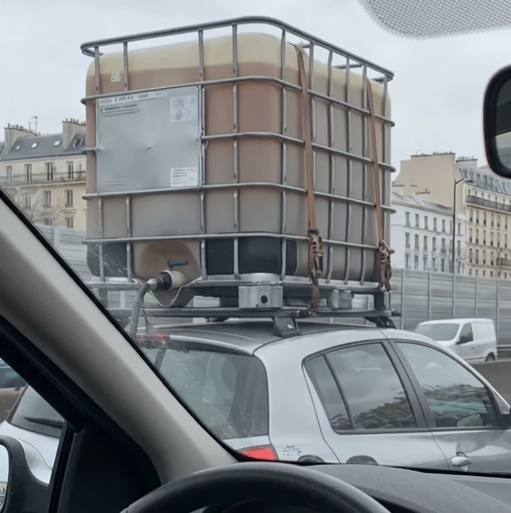 Photo humoristique d'une voiture avec une immense cuve de carburant installée sur le toit, reliée au réservoir