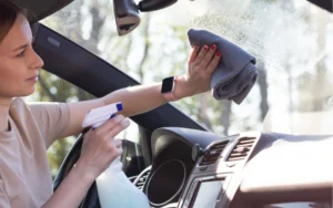 Personne nettoyant l'intérieur d'un pare-brise avec un chiffon micro-fibre et un spray