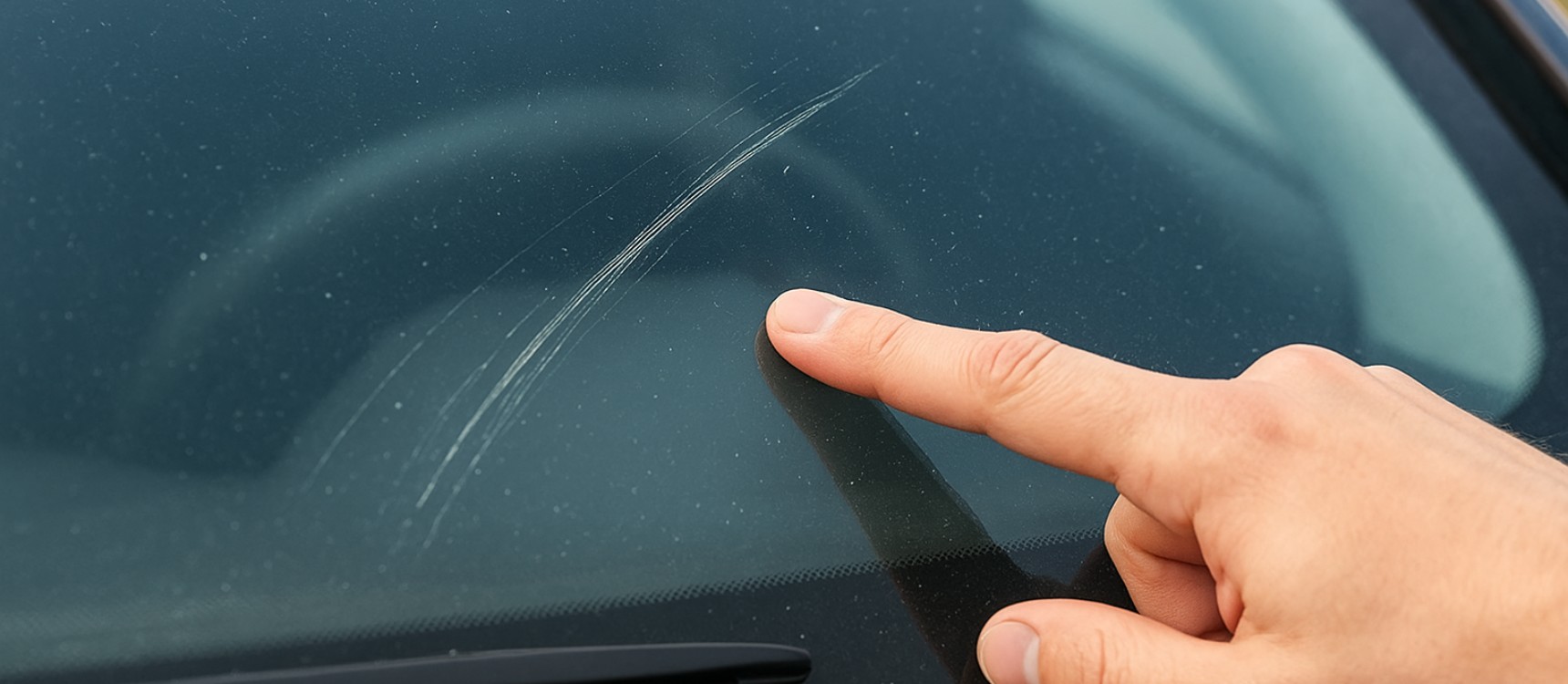 Rayure profonde sur une vitre de voiture avant réparation