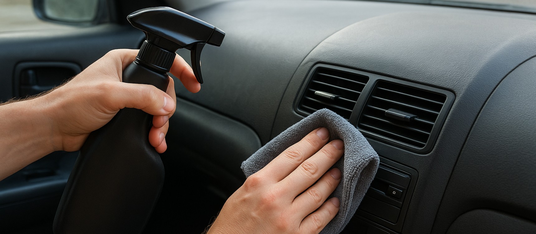 Application d'un nettoyant plastique sur un tableau de bord de voiture avec un chiffon microfibre.
