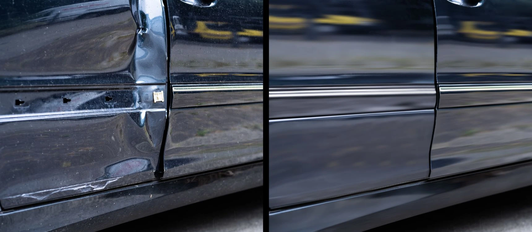 "avant/après" clair d'une trace de frottement sur une aile de voiture.