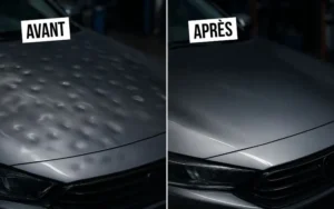 comparaison avant et après d’un capot de voiture grêlé, montrant la disparition des impacts grâce au débosselage sans peinture.