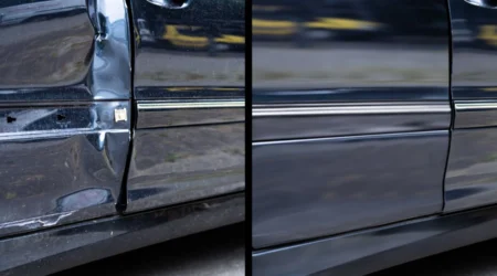 "avant/après" clair d'une trace de frottement sur une aile de voiture.
