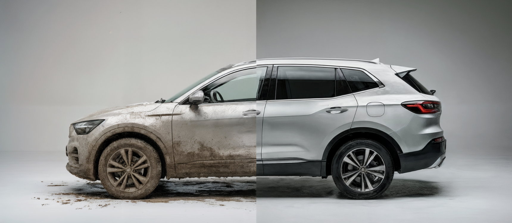 Avant après d'une voiture blanche qui brille après lavage