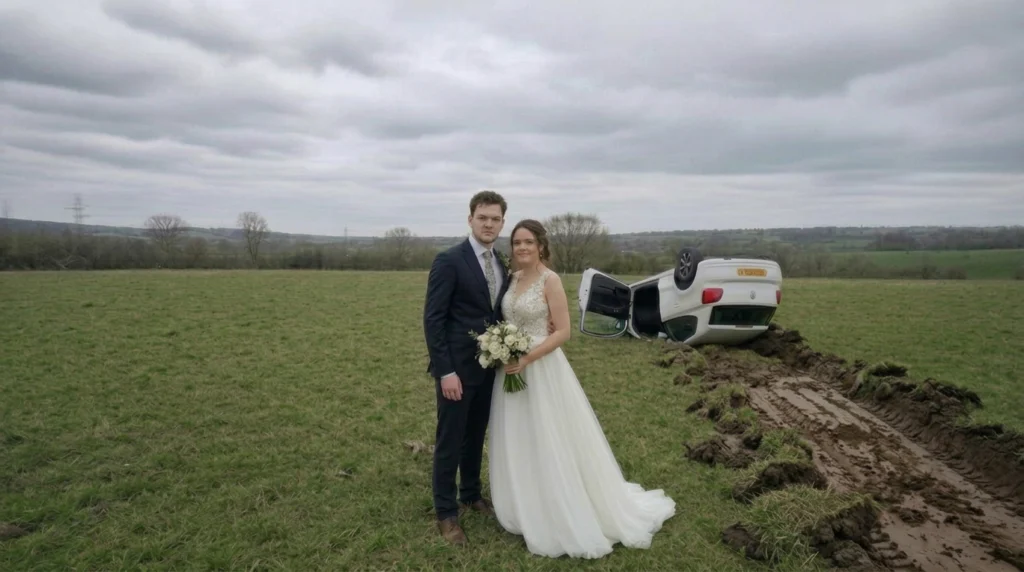 Photo comique d'un couple de jeunes mariés qui prennent la pose à côté de leur voiture renversée