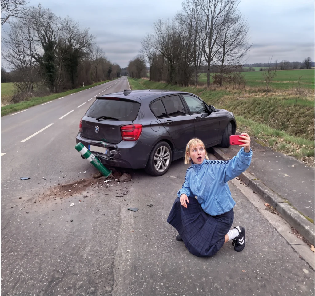 Photo d'une femme qui se prend en photo devant sa voiture accidentée qui a pris un poteau